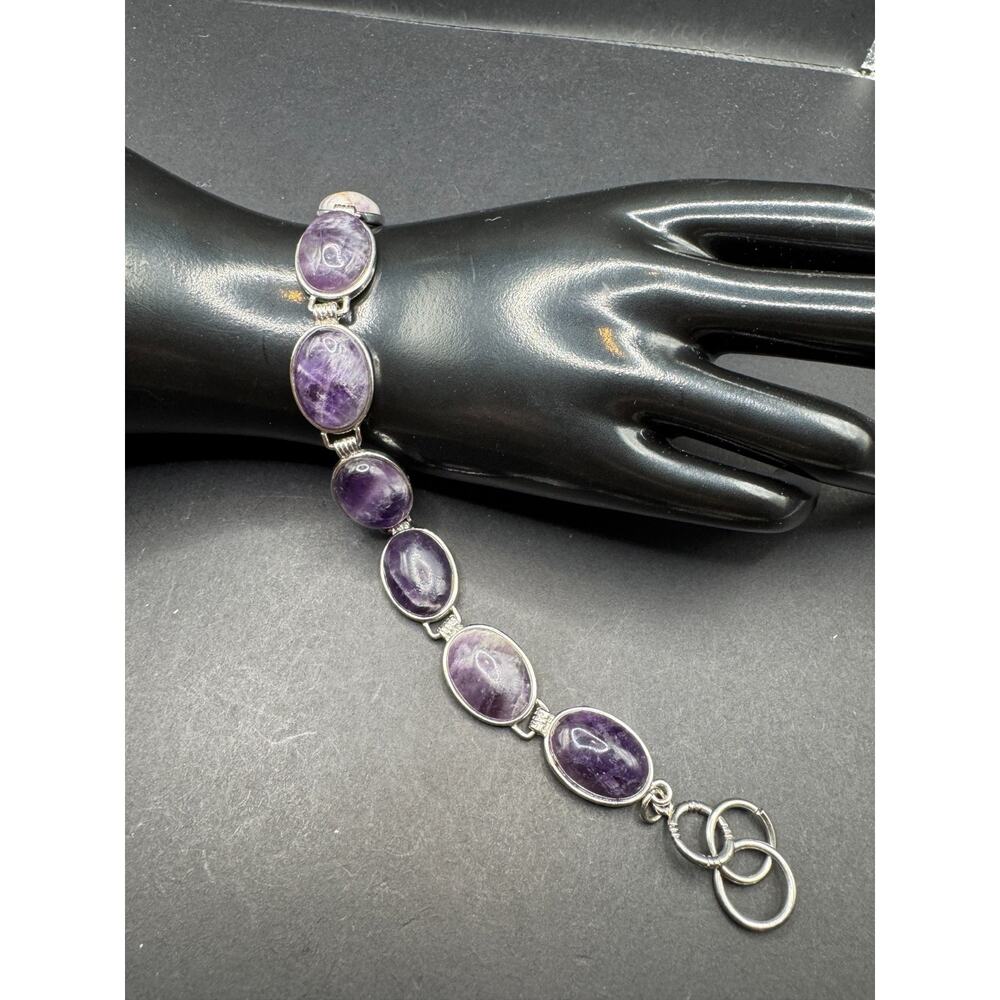 Vintage Handmade Silver Tone Oval Amethyst Toggle Closure Bracelet Sz 8.25"